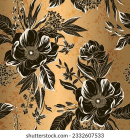 Patrón sin foco con flores silvestres negras sobre el fondo dorado. Vector