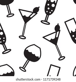Seamless pattern with black wine glasses for martini, champagne and wine on a white background.