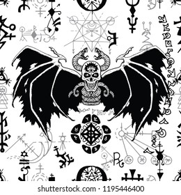 Seamless pattern with black winged demon and mysterious symbols on white. Esoteric, occult and wicca concept, Halloween illustration with mystic symbols and sacred geometry 