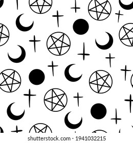 seamless pattern of black witch signs on white background