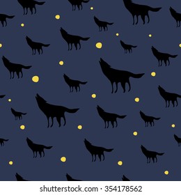 seamless pattern of black wolf's shape on blue background in cartoon style vector illustration
