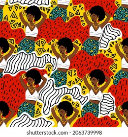 Seamless pattern with black women and african traditional ornament