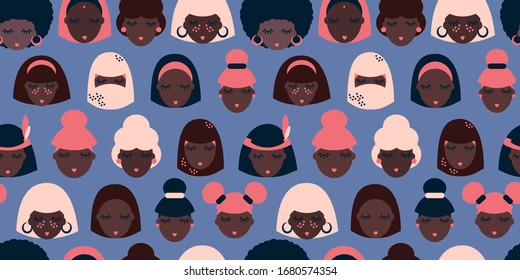 seamless pattern with black women of different nationalities. indian, native american, arab woman. black lives matter. Modern abstract design for paper, cover, fabric, interior decor