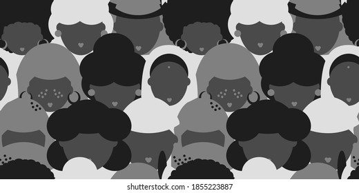 seamless pattern with black women of different nationalities. indian, arab woman. all lives matter. in black and white style. Modern abstract design for paper, cover, fabric, interior decor