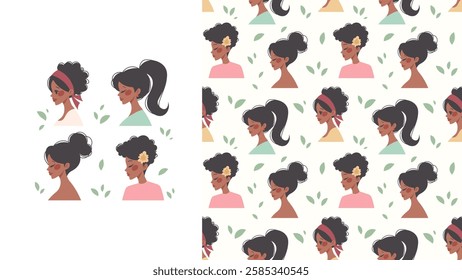 Seamless pattern with black women in flat style. Women with dark skin. Vector fabric swatch