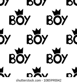 Seamless pattern with black word boy and crowns. Vector illustration