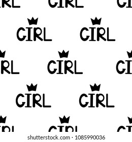 Seamless pattern with black word girl and crowns. Vector illustration