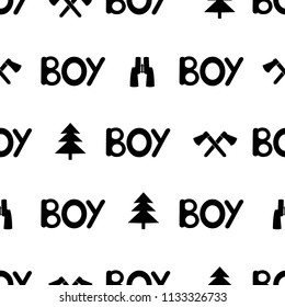 Seamless pattern with black words boy and binocular, ax, fir-tree. Vector illustration