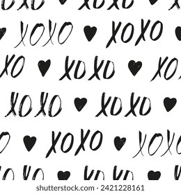 Seamless pattern with black XOXO phrases and hearts. Romantic theme. Valentine's Day background. Vector illustration