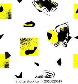 Patrón inoxidable, abstracción en negro y amarillo con formas geométricas, manchas de pintura y deformaciones para diseño, papel de pared, fondo, disposición, folletos, carteles, patrones, texturas, decoración, textiles, telas