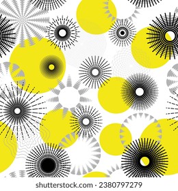 Seamless pattern, black and yellow circle geometric shapes, set of circles of different textures, vector design