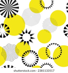 Seamless pattern, black and yellow circle geometric shapes, set of circles of different textures, vector design