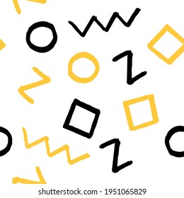Seamless pattern with black and yellow geometric elements on white background. Hand drawn vector design for textile, backgrounds, clothes, wrapping paper and wallpaper. Fashion illustration.