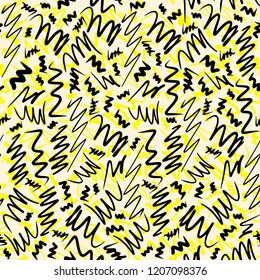 Seamless pattern with black and yellow hand drawn  stripes on white background. Art Design. Vector illustration.