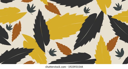 Seamless pattern, black and yellow leaves on a light gray background with birds.