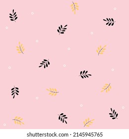 seamless pattern with black and yellow leaves on pastel pink background. pastel pattern .