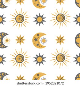 Seamless pattern of black and yellow space objects - moon, sun, stars. Vector graphics on a white  background. For decorating phone cases, for prints on pillow, bags, packaging.