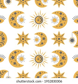 Seamless pattern of black and yellow space objects - moon, sun, stars. Vector graphics on a white  background. For decorating phone cases, for prints on pillow, bags, packaging.