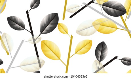 Seamless pattern, black, yellow and white leaves with branch on white background