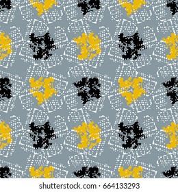 Seamless  pattern with black, yellow and white elements on grey background 