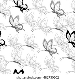 A seamless pattern of black-and white butterfly on white background. There is variation of butterflies. A picture is made in a sketch style.