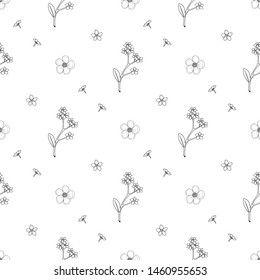 Seamless pattern with black-and white flowers forget-me-not and buttercup for fabric, textile, clothes, tablecloth and other things. Vector image. 
