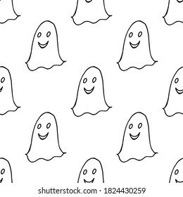 Seamless pattern with black-and white ghost on white background. Vector image. 