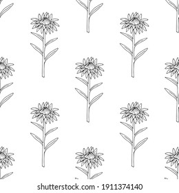 Nahtloses Muster mit schwarz-weißer Osterblume auf weißem Hintergrund.  Blütenknospe. Vektorbild. Farbbuch. 
