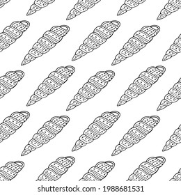 Seamless pattern with black-and-white cute sea shells on white background. Vector image.