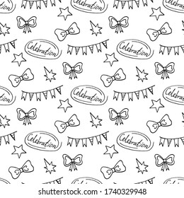 Patrón sin foco con el tazón de doodle en blanco y negro y estrellas en fondo blanco. Imagen vectorial. 