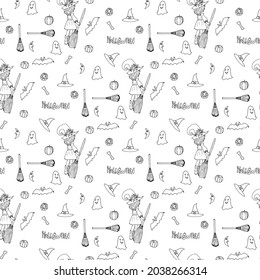 Seamless pattern with black-and-white halloween background. Vector image.
