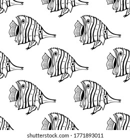 Seamless pattern with black-and-white sea fish on white background for fabric, textile, clothes, tablecloth and other things. Vector image. 
