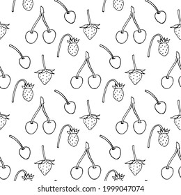 Seamless pattern with black-and-white wild strawberries and cherry on white background. Vector image.