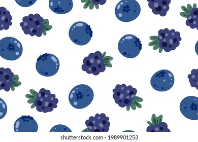 Seamless Pattern Of Blackberries And Blueberries, Color Vector