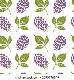 Seamless pattern with blackberries. Colorful paper cut collection of wild and garden berries and leaves in  style isolated on white background. Doodle hand drawn vector illustration
