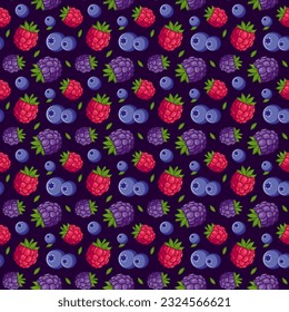 Patrón sin foco con moras, frambuesas, fresas, hojas sobre un fondo azul. Ideal para textiles, decoración de verano, papel pintado, menús de comida saludable.