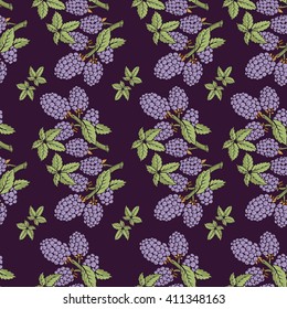 Seamless pattern of blackberry with branch and leaves. Beautiful soft color patterns. The picture can be used on the packaging, printing, wallpaper, case for phone, menu.