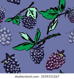 Seamless pattern of blackberry. Doodle, hand draw. Vector, isolated with texture.