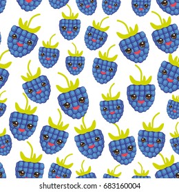 seamless pattern blackberry Fresh juicy berries kawaii funny face with eyes isolated white background. Vector