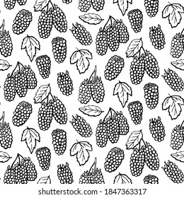 Seamless pattern with Blackberry and leaves. Graphic hand drawn engraving style. Doodle illustration for packaging, menu cards, posters, prints.