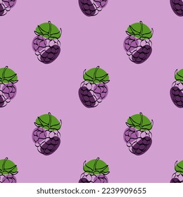 Seamless pattern with blackberry on blue background. Continuous one line drawing blackberry. Black line art on blue background with colorful spots. Vegan concept