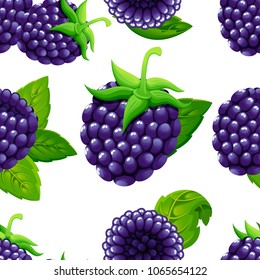 Seamless pattern of blackberry. Vector illustration of forest berry with green leaves. Vector illustration for decorative poster, emblem natural product, farmers market. Website page and mobile app.