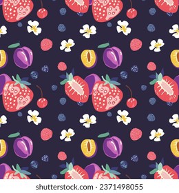 Padrão perfeito com blackberrys, margaridas, morangos, ameixas. Ilustração à mão desenhada por vetor sobre fundo claro para têxteis ou design de embalagem