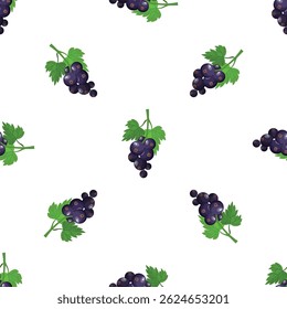 Seamless pattern with blackcurrant berries growing on branch with green leaves on white background