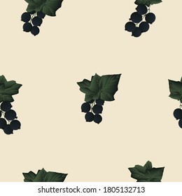Seamless pattern with blackcurrant berries on branches with leaves. Design for wallpaper, background, fabric, textile, cafe, restaurant, resort, exotic, packaging