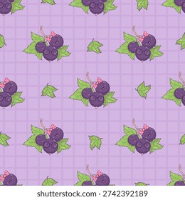 Seamless Pattern with Blackcurrant Family. Cute Kawaii Cartoon Berry Mom, Dad and Baby Currant Characters on Purple Plaid Background. Vector illustration. Not AI