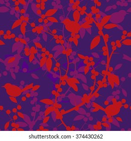 Seamless pattern of Blackthorn berries and birds. Vector illustration