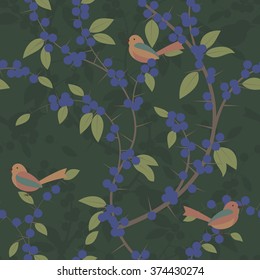 Seamless pattern of Blackthorn berries and birds. Vector illustration