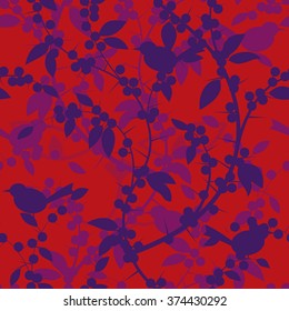 Seamless pattern of Blackthorn berries and birds. Vector illustration