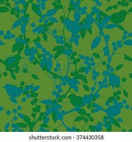 Seamless pattern of Blackthorn berries and birds. Vector illustration